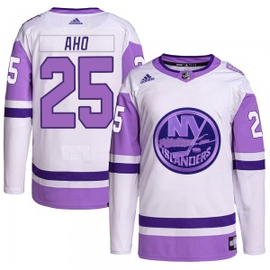 Adult Authentic New York Islanders Sebastian Aho White/Purple Hockey Fights Cancer Primegreen Official Adidas Jersey