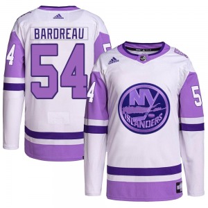 Adult Authentic New York Islanders Cole Bardreau White/Purple Hockey Fights Cancer Primegreen Official Adidas Jersey