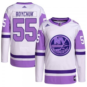 Adult Authentic New York Islanders Johnny Boychuk White/Purple Hockey Fights Cancer Primegreen Official Adidas Jersey