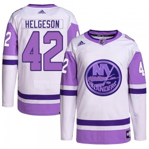 Adult Authentic New York Islanders Seth Helgeson White/Purple Hockey Fights Cancer Primegreen Official Adidas Jersey