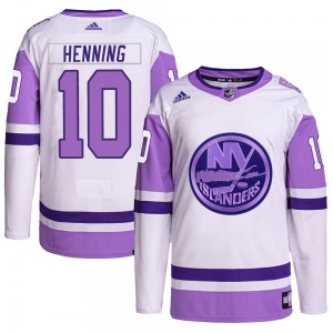 Adult Authentic New York Islanders Lorne Henning White/Purple Hockey Fights Cancer Primegreen Official Adidas Jersey