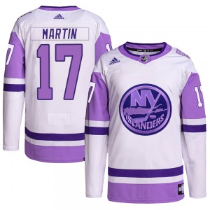 Adult Authentic New York Islanders Matt Martin White/Purple Hockey Fights Cancer Primegreen Official Adidas Jersey