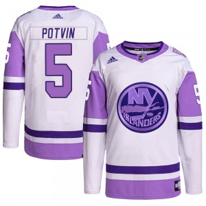 Adult Authentic New York Islanders Denis Potvin White/Purple Hockey Fights Cancer Primegreen Official Adidas Jersey
