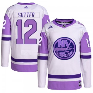 Adult Authentic New York Islanders Duane Sutter White/Purple Hockey Fights Cancer Primegreen Official Adidas Jersey