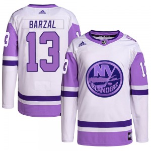 Adult Authentic New York Islanders Mathew Barzal White/Purple Hockey Fights Cancer Primegreen Official Adidas Jersey