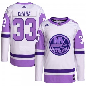 Adult Authentic New York Islanders Zdeno Chara White/Purple Hockey Fights Cancer Primegreen Official Adidas Jersey