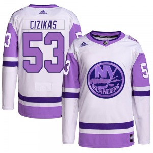 Adult Authentic New York Islanders Casey Cizikas White/Purple Hockey Fights Cancer Primegreen Official Adidas Jersey