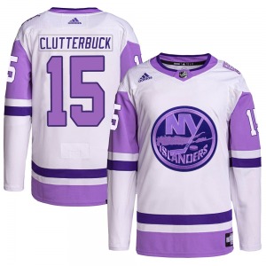 Adult Authentic New York Islanders Cal Clutterbuck White/Purple Hockey Fights Cancer Primegreen Official Adidas Jersey