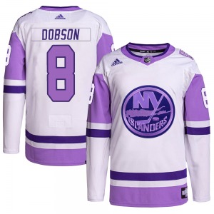 Adult Authentic New York Islanders Noah Dobson White/Purple Hockey Fights Cancer Primegreen Official Adidas Jersey
