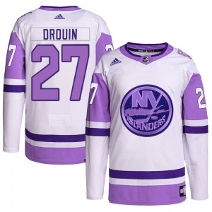 Adult Authentic New York Islanders Jonathan Drouin White/Purple Hockey Fights Cancer Primegreen Official Adidas Jersey