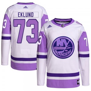 Adult Authentic New York Islanders Victor Eklund White/Purple Hockey Fights Cancer Primegreen Official Adidas Jersey