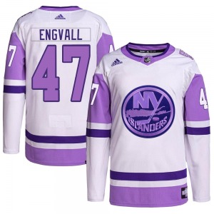 Adult Authentic New York Islanders Pierre Engvall White/Purple Hockey Fights Cancer Primegreen Official Adidas Jersey