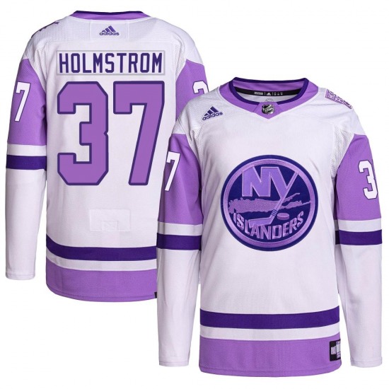 Adult Authentic New York Islanders Simon Holmstrom White/Purple Hockey Fights Cancer Primegreen Official Adidas Jersey