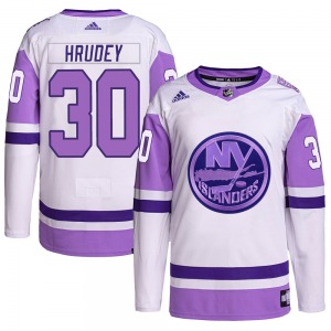 Adult Authentic New York Islanders Kelly Hrudey White/Purple Hockey Fights Cancer Primegreen Official Adidas Jersey