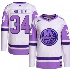 Adult Authentic New York Islanders Grant Hutton White/Purple Hockey Fights Cancer Primegreen Official Adidas Jersey