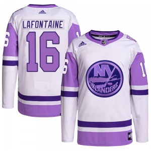Adult Authentic New York Islanders Pat LaFontaine White/Purple Hockey Fights Cancer Primegreen Official Adidas Jersey