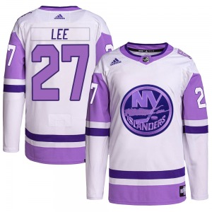 Adult Authentic New York Islanders Anders Lee White/Purple Hockey Fights Cancer Primegreen Official Adidas Jersey
