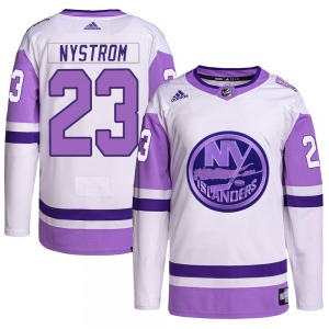 Adult Authentic New York Islanders Bob Nystrom White/Purple Hockey Fights Cancer Primegreen Official Adidas Jersey