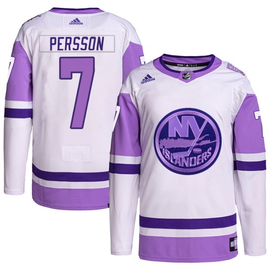 Adult Authentic New York Islanders Stefan Persson White/Purple Hockey Fights Cancer Primegreen Official Adidas Jersey