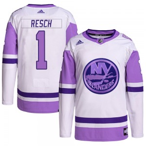 Adult Authentic New York Islanders Glenn Resch White/Purple Hockey Fights Cancer Primegreen Official Adidas Jersey