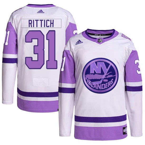 Adult Authentic New York Islanders David Rittich White/Purple Hockey Fights Cancer Primegreen Official Adidas Jersey