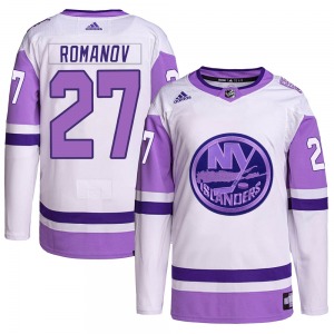 Adult Authentic New York Islanders Alexander Romanov White/Purple Hockey Fights Cancer Primegreen Official Adidas Jersey