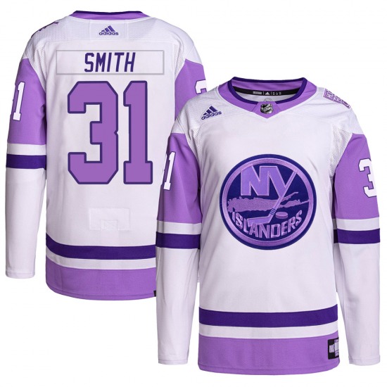 Adult Authentic New York Islanders Billy Smith White/Purple Hockey Fights Cancer Primegreen Official Adidas Jersey