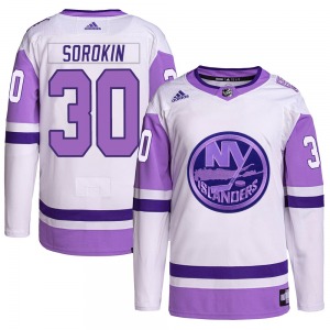 Adult Authentic New York Islanders Ilya Sorokin White/Purple Hockey Fights Cancer Primegreen Official Adidas Jersey