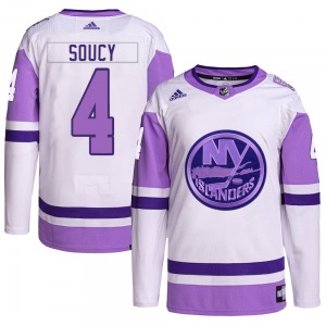 Adult Authentic New York Islanders Carson Soucy White/Purple Hockey Fights Cancer Primegreen Official Adidas Jersey