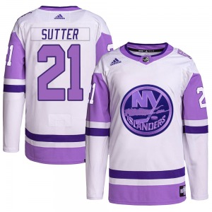 Adult Authentic New York Islanders Brent Sutter White/Purple Hockey Fights Cancer Primegreen Official Adidas Jersey
