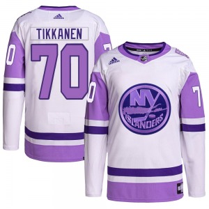 Adult Authentic New York Islanders Henrik Tikkanen White/Purple Hockey Fights Cancer Primegreen Official Adidas Jersey