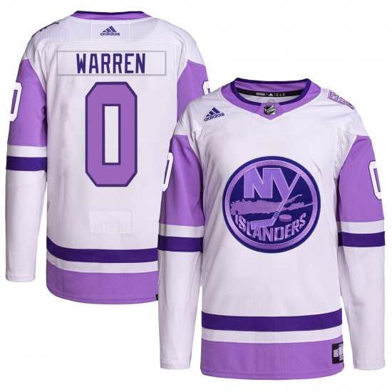 Adult Authentic New York Islanders Marshall Warren White/Purple Hockey Fights Cancer Primegreen Official Adidas Jersey
