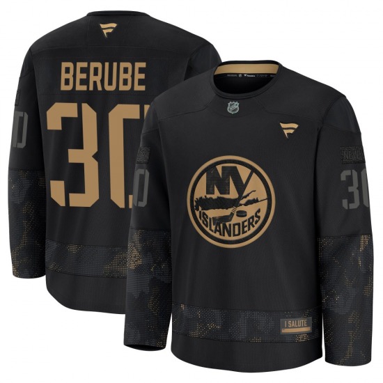 Youth Premium New York Islanders Jean-Francois Berube Black 2024 Military Appreciation Practice Official Fanatics Jersey