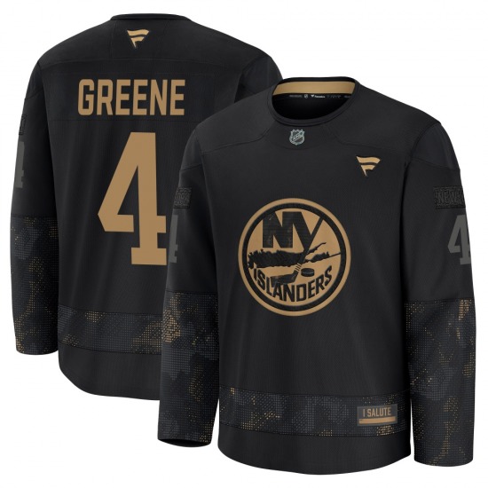 Youth Premium New York Islanders Andy Greene Green Black 2024 Military Appreciation Practice Official Fanatics Jersey
