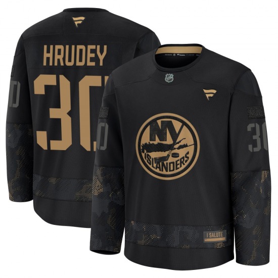 Youth Premium New York Islanders Kelly Hrudey Black 2024 Military Appreciation Practice Official Fanatics Jersey