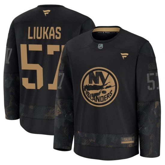 Youth Premium New York Islanders Eetu Liukas Black 2024 Military Appreciation Practice Official Fanatics Jersey