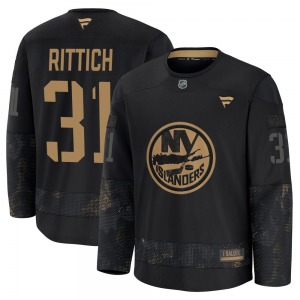 Youth Premium New York Islanders David Rittich Black 2024 Military Appreciation Practice Official Fanatics Jersey