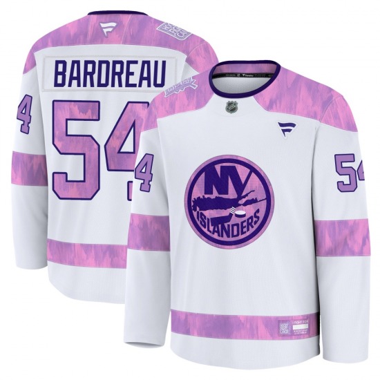 Adult Premium New York Islanders Cole Bardreau White 2024 Hockey Fights Cancer Practice Official Fanatics Jersey