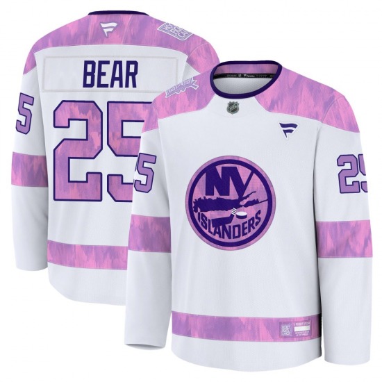 Adult Premium New York Islanders Ethan Bear White 2024 Hockey Fights Cancer Practice Official Fanatics Jersey
