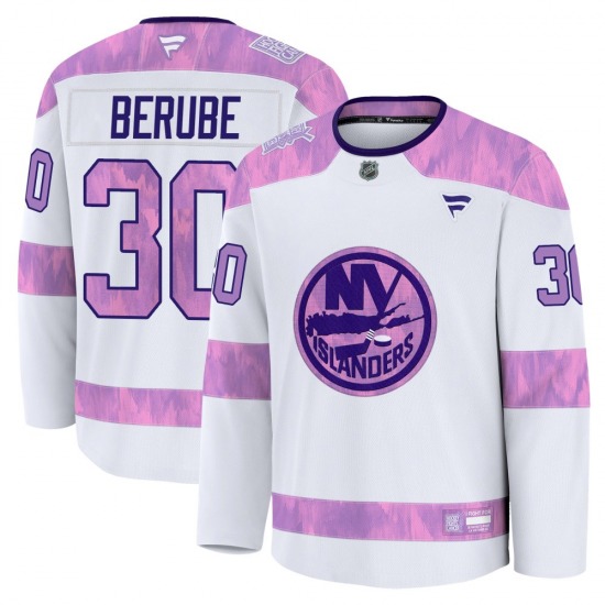 Adult Premium New York Islanders Jean-Francois Berube White 2024 Hockey Fights Cancer Practice Official Fanatics Jersey