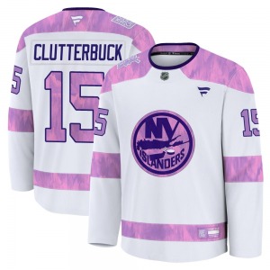 Adult Premium New York Islanders Cal Clutterbuck White 2024 Hockey Fights Cancer Practice Official Fanatics Jersey
