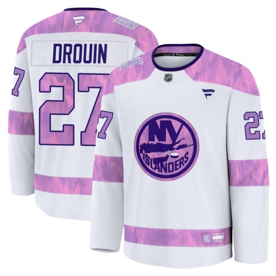 Adult Premium New York Islanders Jonathan Drouin White 2024 Hockey Fights Cancer Practice Official Fanatics Jersey