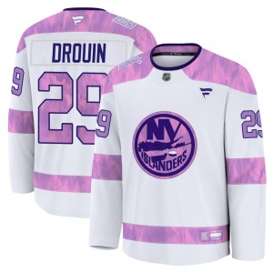 Adult Premium New York Islanders Jonathan Drouin White 2024 Hockey Fights Cancer Practice Official Fanatics Jersey