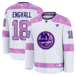 Adult Premium New York Islanders Pierre Engvall White 2024 Hockey Fights Cancer Practice Official Fanatics Jersey