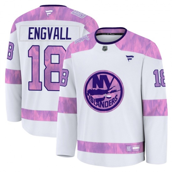 Adult Premium New York Islanders Pierre Engvall White 2024 Hockey Fights Cancer Practice Official Fanatics Jersey