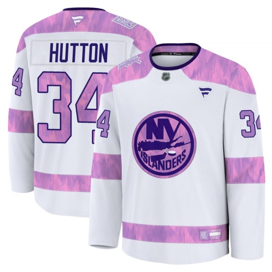Adult Premium New York Islanders Grant Hutton White 2024 Hockey Fights Cancer Practice Official Fanatics Jersey