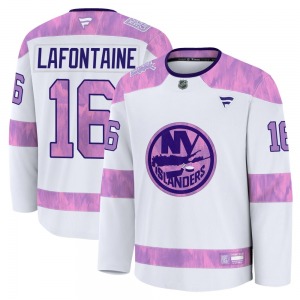 Adult Premium New York Islanders Pat LaFontaine White 2024 Hockey Fights Cancer Practice Official Fanatics Jersey
