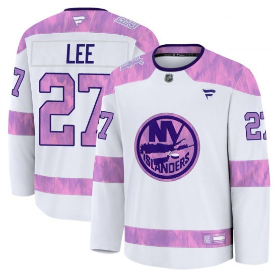 Adult Premium New York Islanders Anders Lee White 2024 Hockey Fights Cancer Practice Official Fanatics Jersey