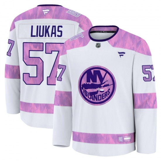 Adult Premium New York Islanders Eetu Liukas White 2024 Hockey Fights Cancer Practice Official Fanatics Jersey
