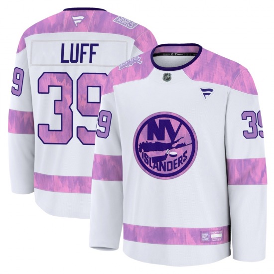 Adult Premium New York Islanders Matt Luff White 2024 Hockey Fights Cancer Practice Official Fanatics Jersey